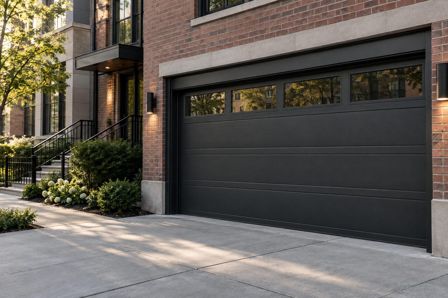Black garage door on a brick property
